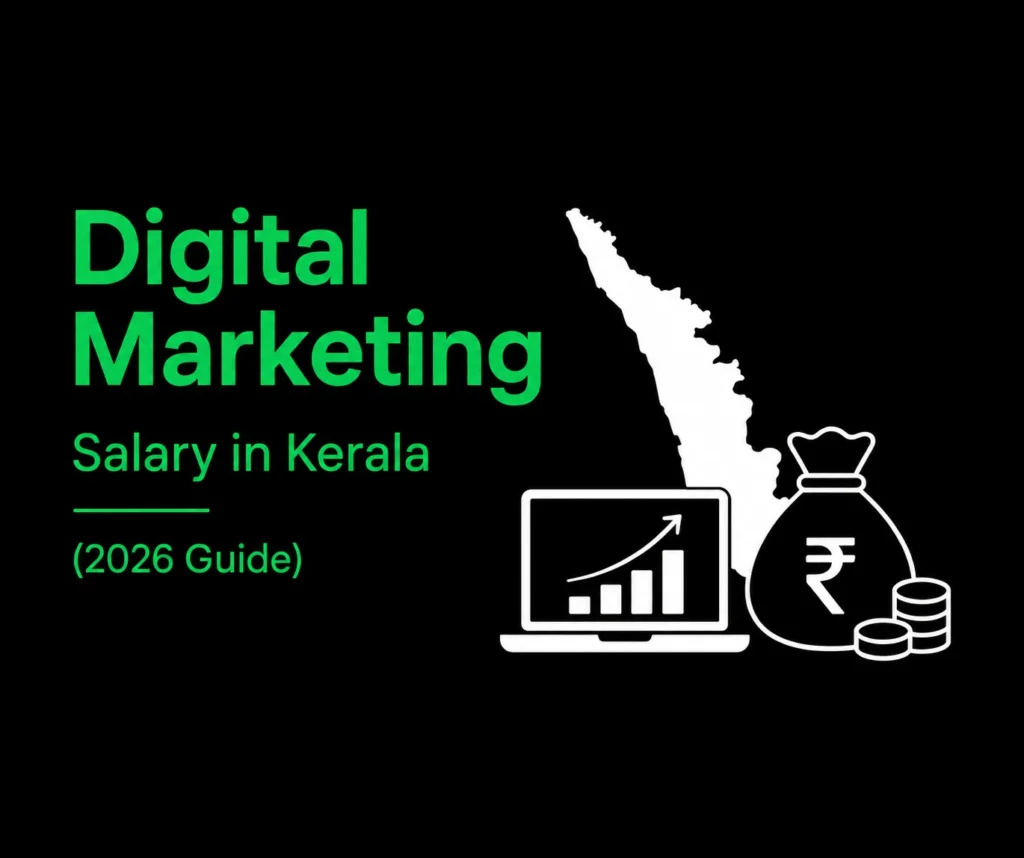 "Digital Marketing Salary in Kerala (2026 Guide) cover image featuring green title text on a black background with white icons of the Kerala map, laptop showing growth analytics, and a money bag with the Indian rupee symbol."