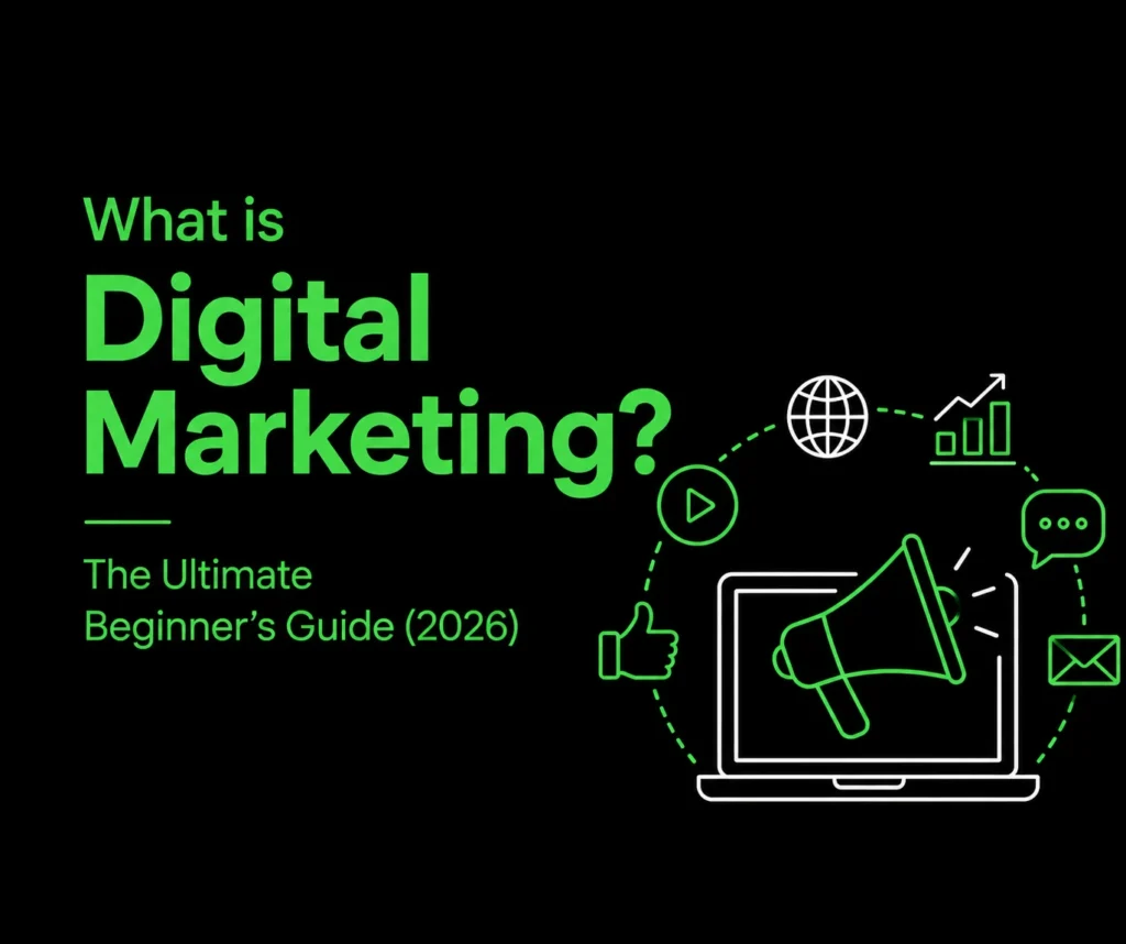 What is Digital Marketing? Modern illustration featuring a laptop, megaphone, analytics, social media, email marketing, and online marketing icons on a black background.