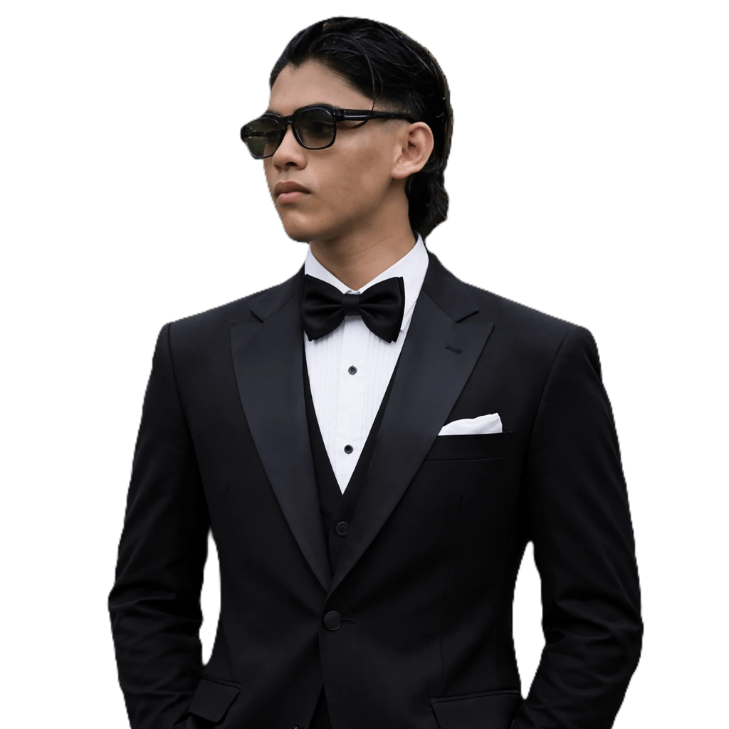 Digital marketing freelancer in Calicut wearing a black tuxedo and sunglasses, looking sideways in a professional personal branding photo.