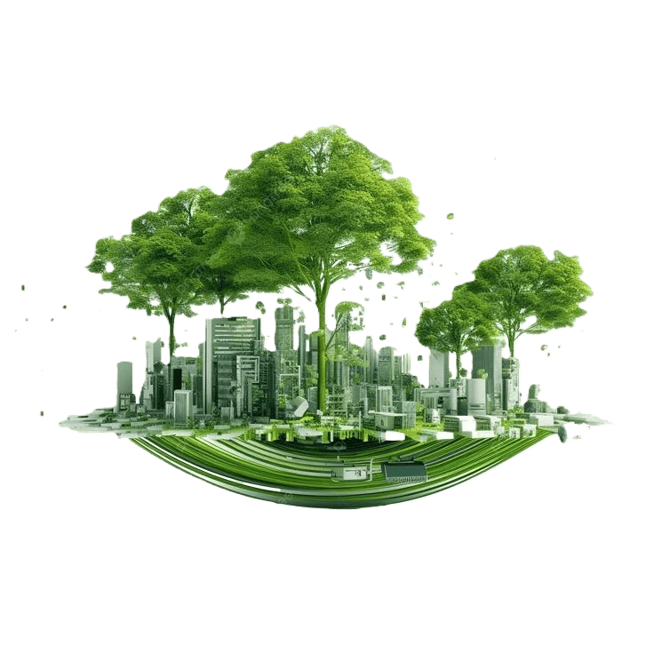 Digital marketing concept with green smart city and eco-friendly technology, futuristic urban landscape with trees representing sustainable digital growth and innovation.