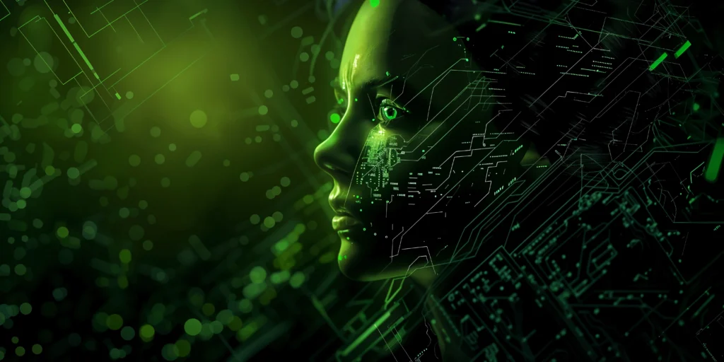 Futuristic AI digital face with glowing green circuit patterns, abstract technology background, high-quality blog image for tech and digital marketing content.